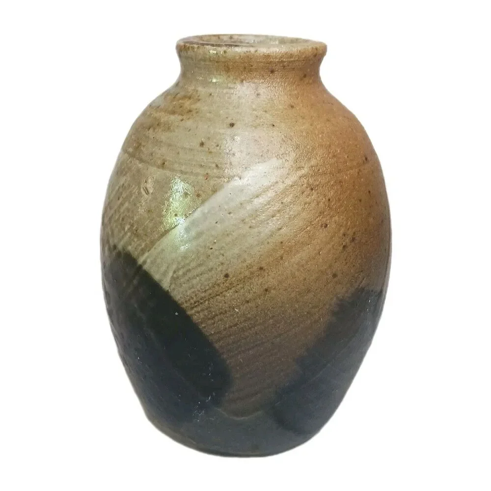 Studio Art Pottery Vase Stoneware Glazed Bud Vase Grey Brown Rust  4” X 2.5